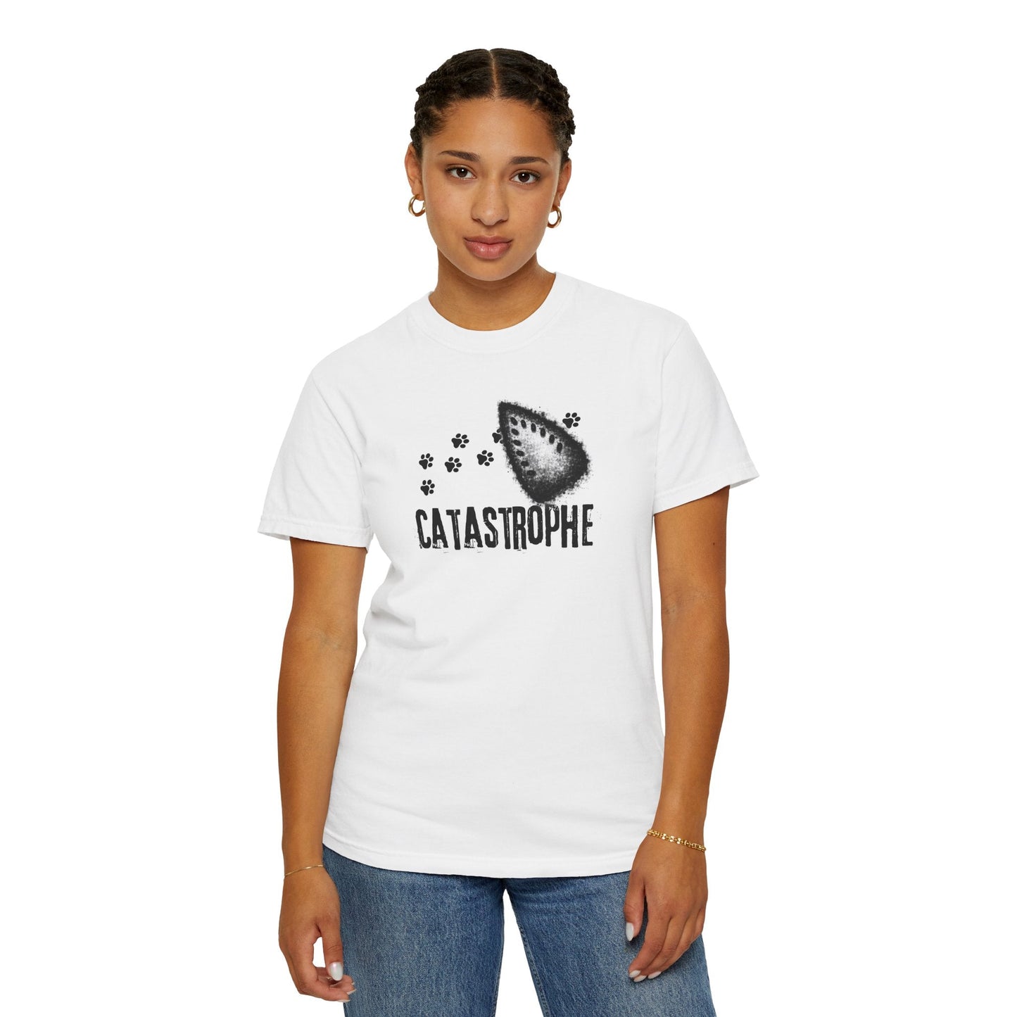 Catastrophe Iron Burn Graphic T-Shirt | Funny Cat Pun Shirt | Distressed Grunge Cat Tee