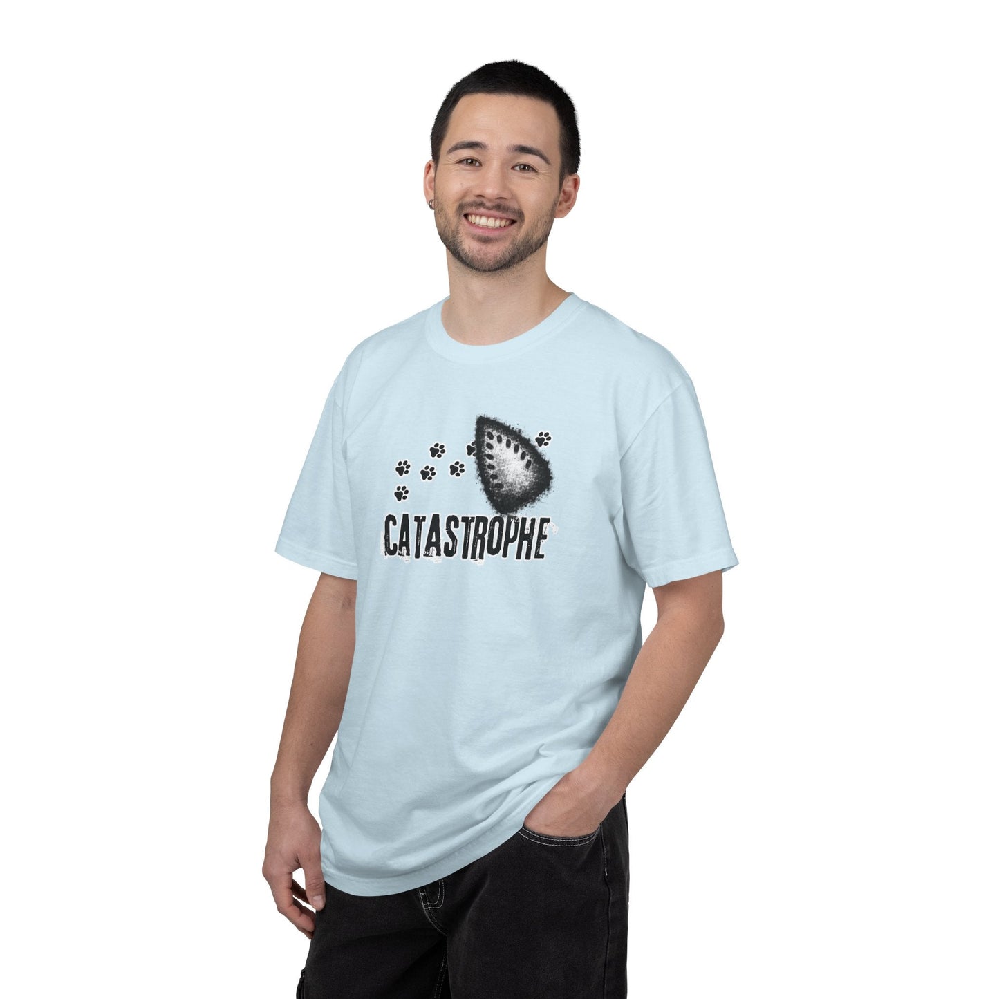 Catastrophe Iron Burn Graphic T-Shirt | Funny Cat Pun Shirt | Distressed Grunge Cat Tee