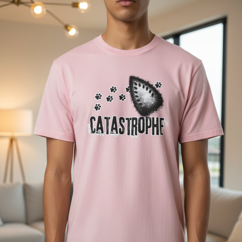 Catastrophe Iron Burn Graphic T-Shirt | Funny Cat Pun Shirt | Distressed Grunge Cat Tee