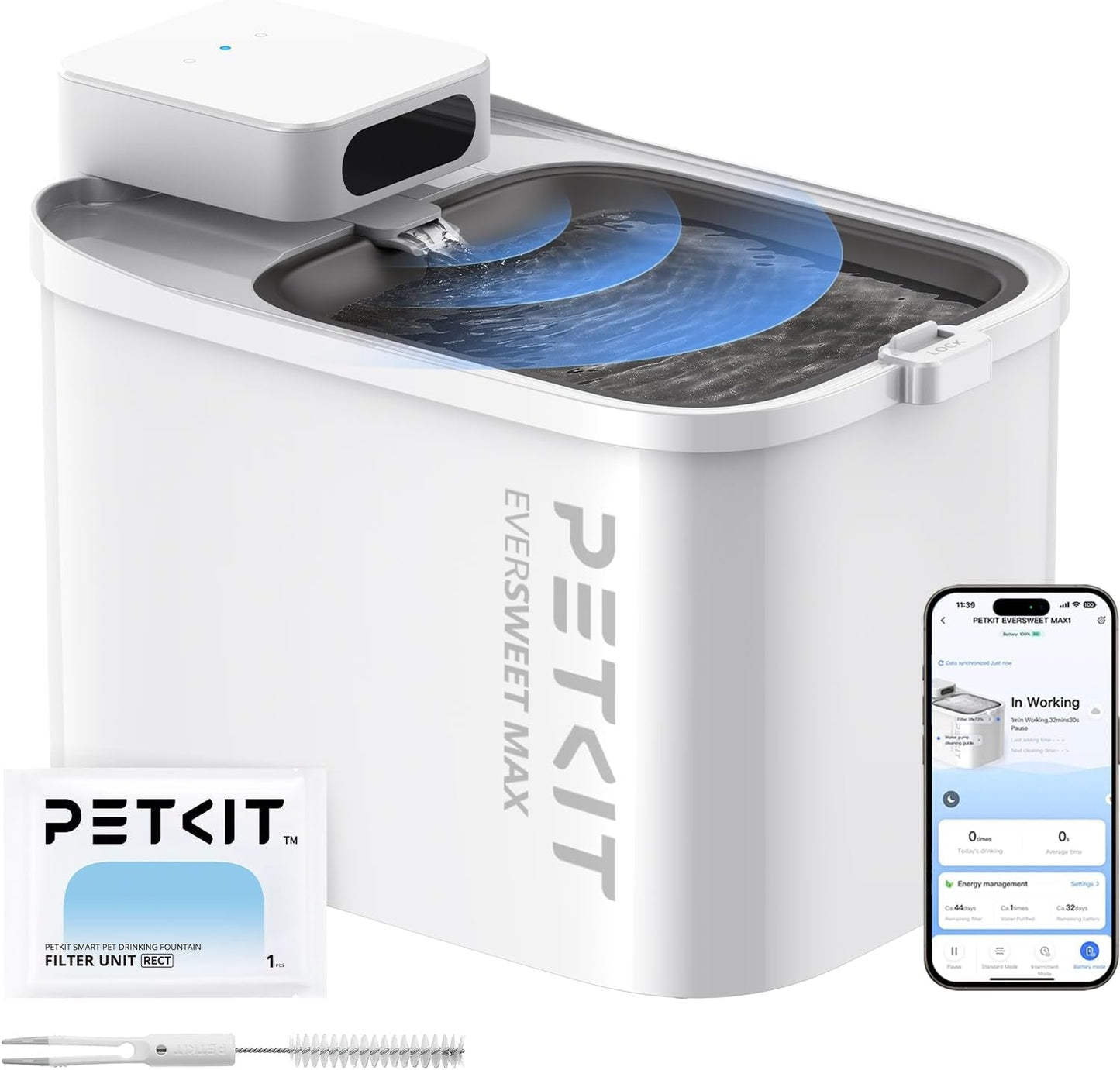 Automatic Pet Water Fountain Cordless App Control Quiet 3L Cats Dogs Small Pets