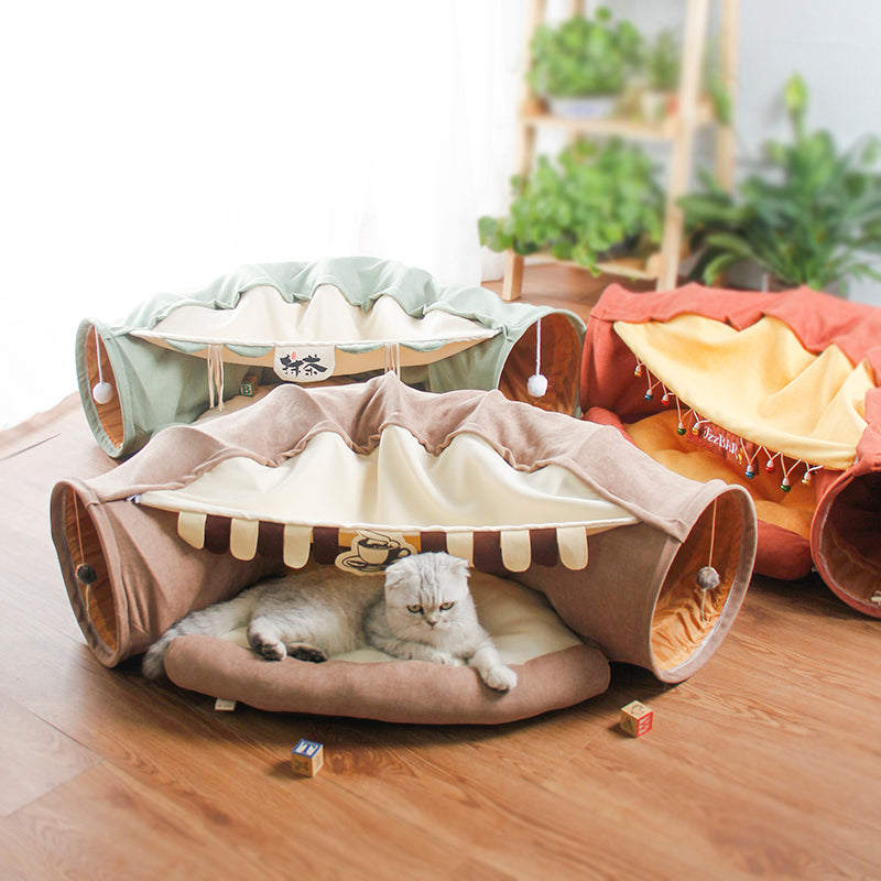 Collapsible Removable Cat Tunnel Tube is With Cat Bed Set