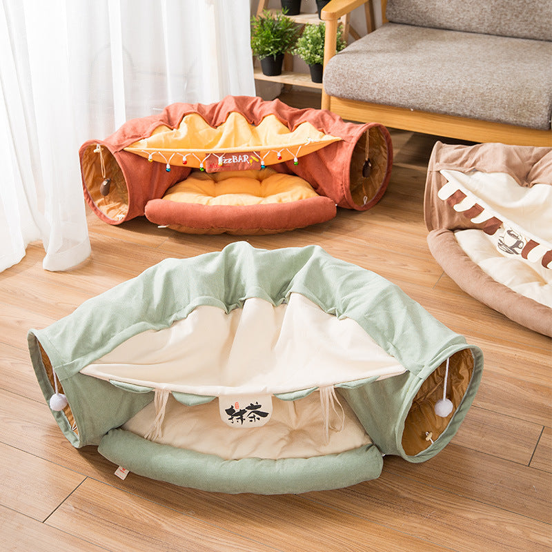 Collapsible Removable Cat Tunnel Tube is With Cat Bed Set