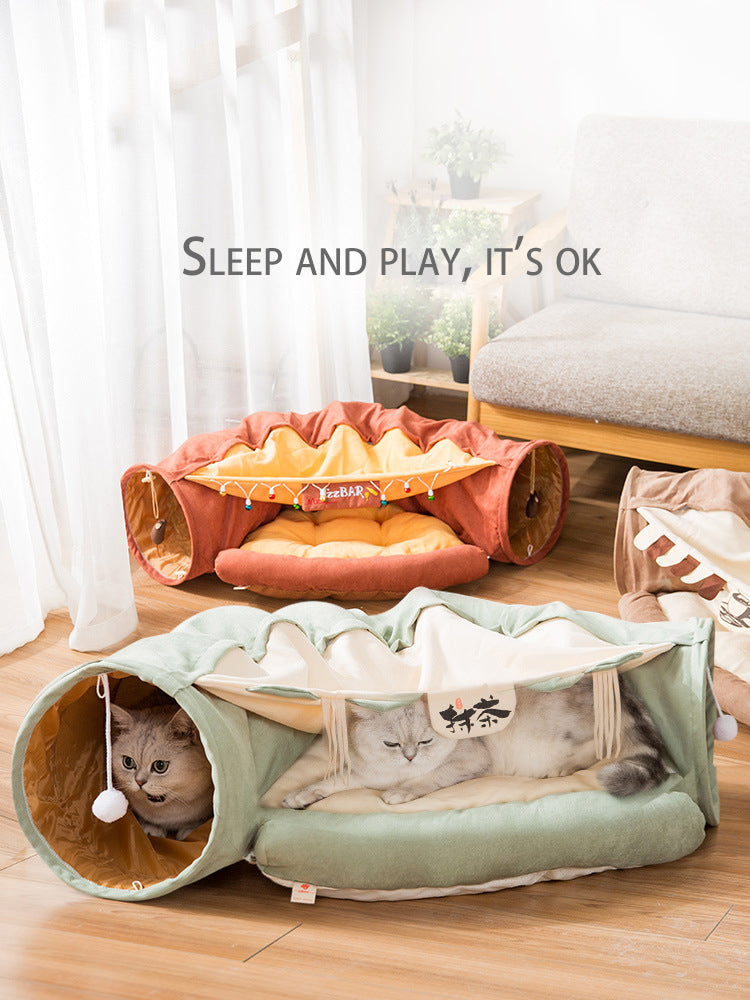 Collapsible Removable Cat Tunnel Tube is With Cat Bed Set