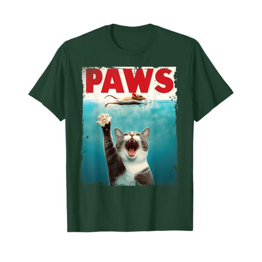 "PAWS" Parody T-Shirt - Humorous Cat Chasing Mouse Tee, Funny Summer T-shirt