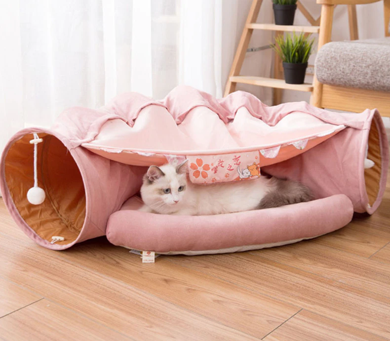 Collapsible Removable Cat Tunnel Tube is With Cat Bed Set