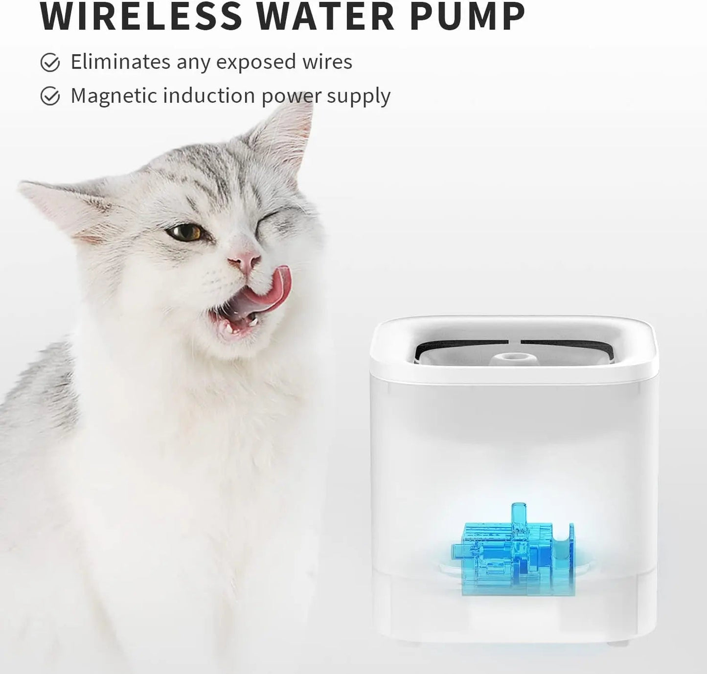 Wireless Cat Water Fountain 65oz 1.85L Ultra Quiet 25dB Detachable Pump Filters