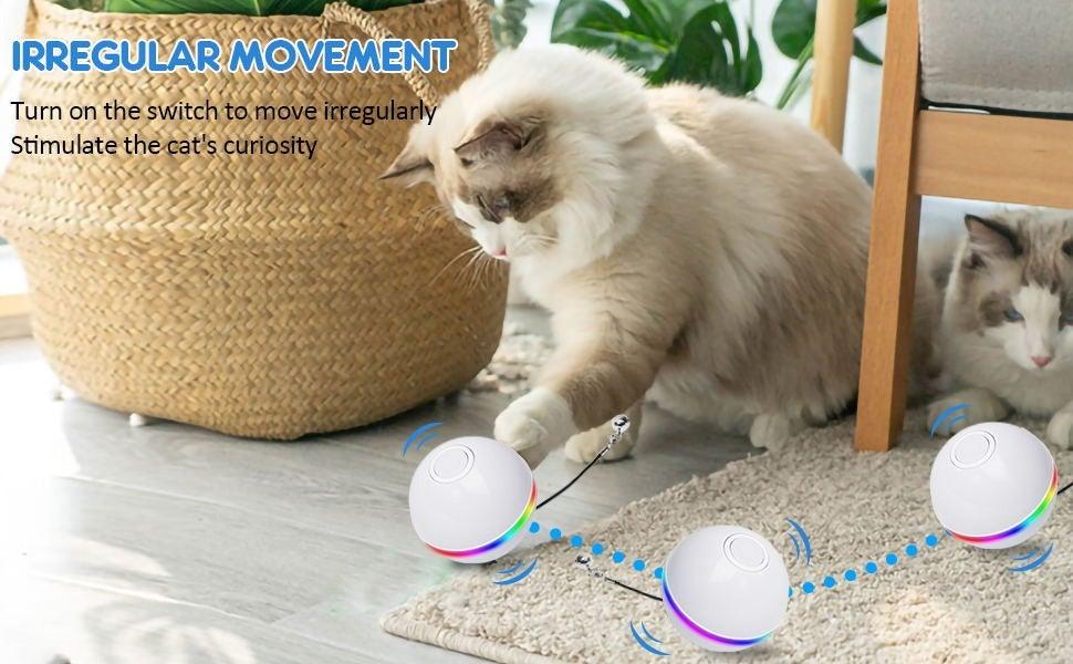 Automatic Smart Cat Toys Ball Interactive Catnip USB Rechargeable Self Rotating Colorful Led Feather Bells Toys for Cats Kitten Build-in Spinning Led Light Stimulate Hunting Instinct