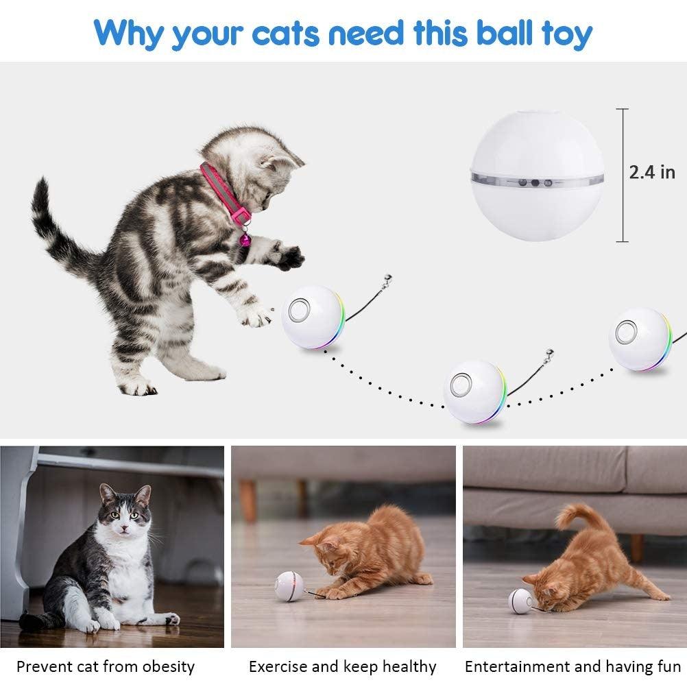 Automatic Smart Cat Toys Ball Interactive Catnip USB Rechargeable Self Rotating Colorful Led Feather Bells Toys for Cats Kitten Build-in Spinning Led Light Stimulate Hunting Instinct