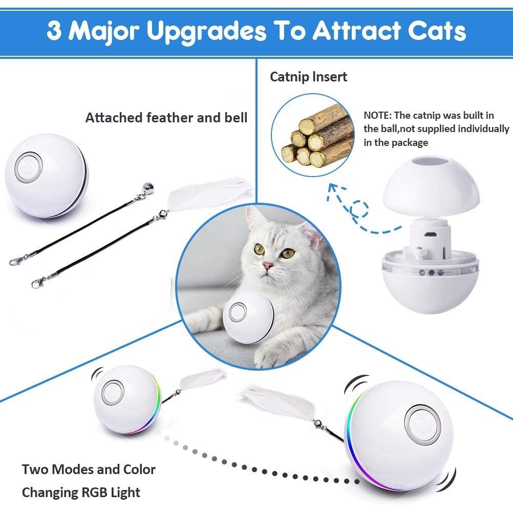Automatic Smart Cat Toys Ball Interactive Catnip USB Rechargeable Self Rotating Colorful Led Feather Bells Toys for Cats Kitten Build-in Spinning Led Light Stimulate Hunting Instinct