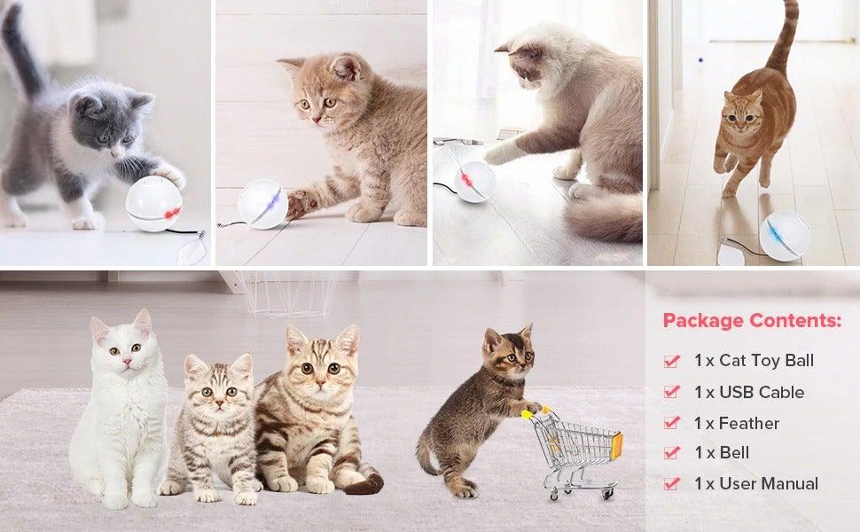 Automatic Smart Cat Toys Ball Interactive Catnip USB Rechargeable Self Rotating Colorful Led Feather Bells Toys for Cats Kitten Build-in Spinning Led Light Stimulate Hunting Instinct
